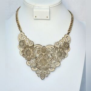 White Enameled Antiqued Gold Tone Bib Statement Necklace